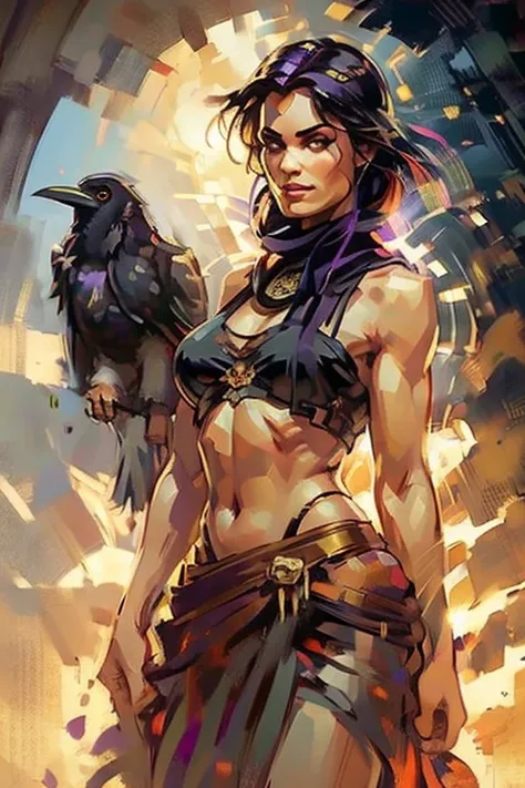 (playing with a raven:1.4),((ultra realistic illustration:1.2)),(dark fantasy:1.4), in a desert kingdom. beautiful harem girl, b...