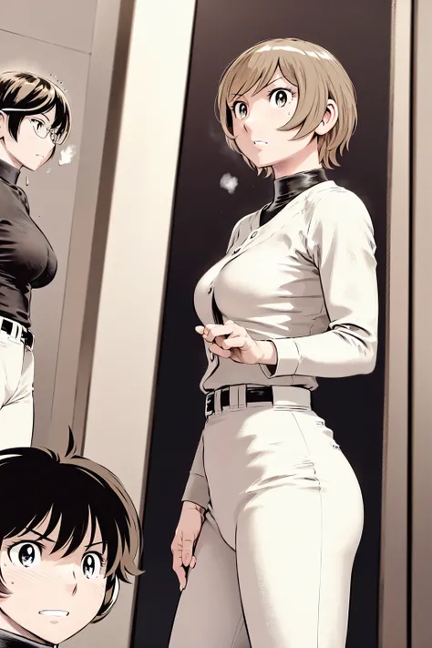 (野球uniform:1.2),
Blonde, (short hair:1.2),Long sleeve, Black Shirt, turtleneck,White trousers、uniform、Black belt、((Illustration of a person))、big 、
View your viewers,, (Highest quality:1.3),One Girl, White pants、uniform、Outdoor、baseball ground、ground、soil、...