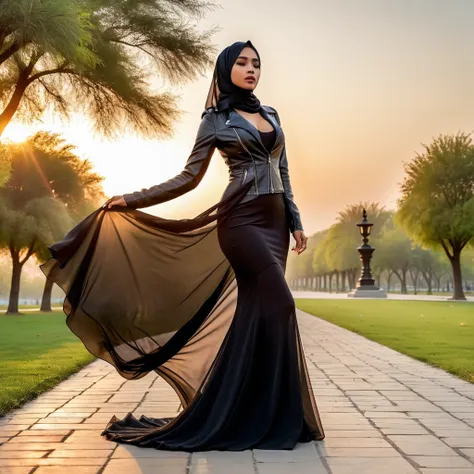 a woman in long sheer fabric dress,wearing hijab, wear leather jacket, full body,mermaid tight long dress,very long flor length ...