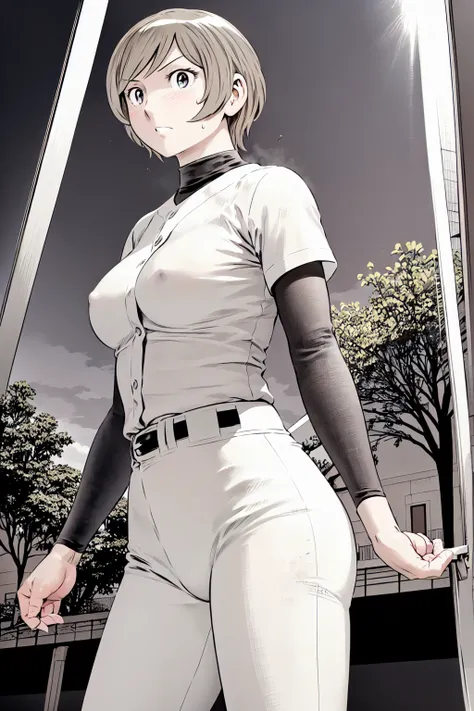 (野球uniform:1.2),
Blonde, (short hair:1.2),Long sleeve, Black Shirt, turtleneck,White trousers、uniform、Black belt、((Illustration of a person))、big 、
View your viewers,, (Highest quality:1.3),One Girl, White pants、uniform、Outdoor、baseball ground、ground、soil、...