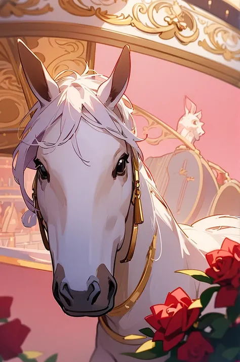 horse carousel,white with pink tones and gold details,with bushes of red roses and it being Winter 