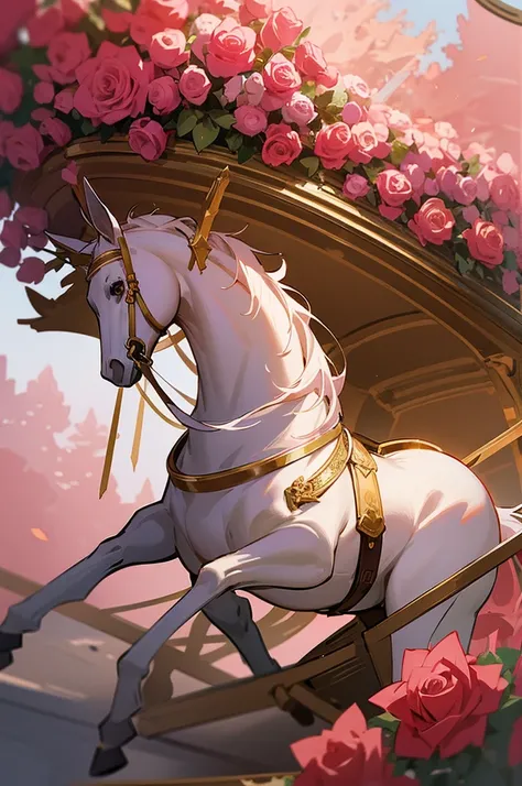 horse carousel,white with pink tones and gold details,with bushes of red roses and it being Winter 