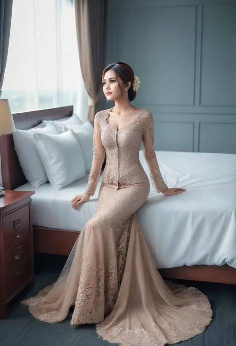 a woman in the wedding kebaya, full body,mermaid tight long kebaya, flowy dramatic long kebaya,very long flor length gown, tall ...