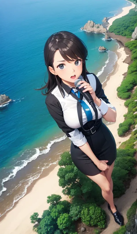 a female journalist on a remote island with a very surprised expression, holding a reporters microphone, wearing reporters outfit, visible scenery, full body, vivid expressions.