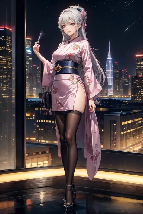 Neon-lit skyscrapers tower above、Futuristic night cityscape. In the foreground, long young woman, A girl with flowing silver hair confidently stands on the edge of a skyscraper rooftop.々Standing at. She is wearing a modern pink kimono with intricate floral...