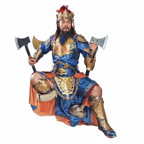 a chinese warrior with blue robe and armour, holding 2 axes, wild beard,  showing his boots sole