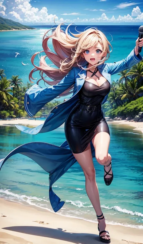 a female journalist on a remote island with a very surprised expression, holding a reporters microphone, wearing reporters outfit, visible scenery, full body, vivid expressions, anime model.