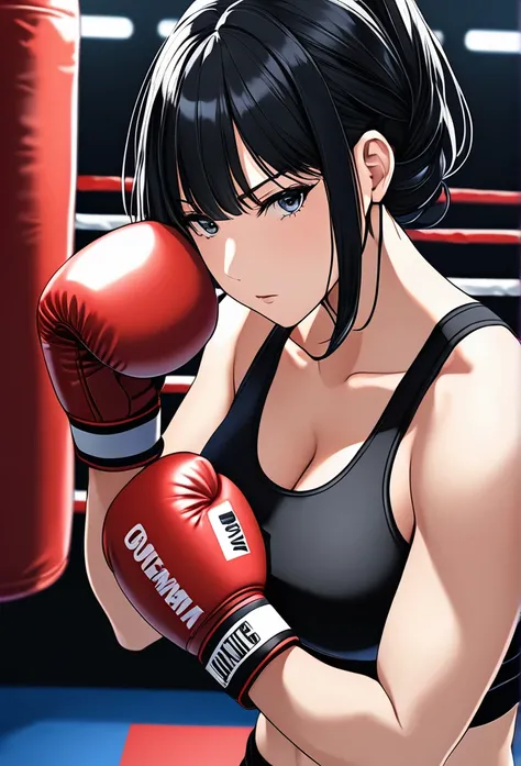 high quality, detailed image, Anime style, Woman boxer, long black hair, handsome face, boxing gloves, sports bra, toned, boxing stance, long black pants, looking at viewer