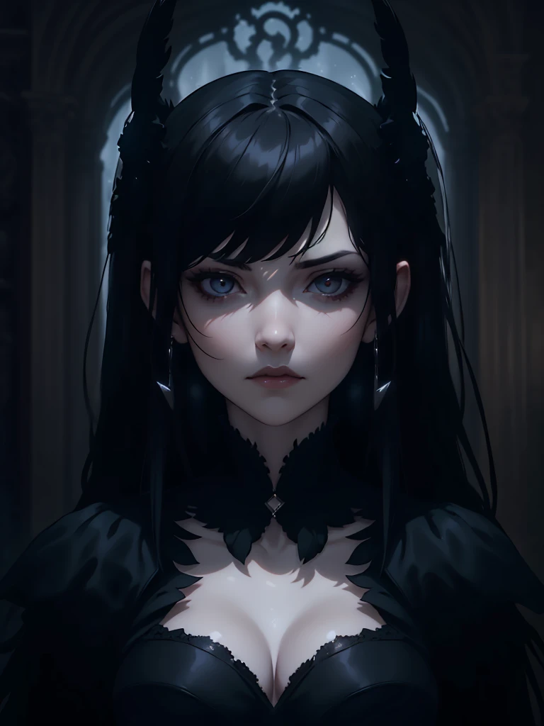 ((Portrait)), She has an Indifferent, Black-Haired Appearance, with a Slim, Graceful Build. She Expresses a Cold and Detached Look, Giving Off an Unapproachable and Mysterious Attitude. She has Pale Skin and Deep, Dark Eyes, Her Hair is Long, Straight, and...