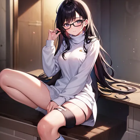 Nerd girl with  glasses, white sweater, no pants, black thigh-high socks