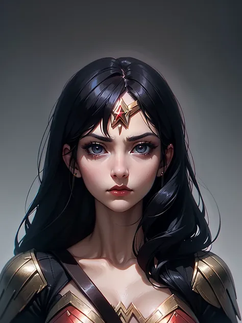 ((portrait photo)), Wonder woman, Black hair appearance, with a thin, elegant construction. She expresses a cold and distant look, Giving off an inaccessible and mysterious attitude., dark eyes, her hair is long, Right, and jet black. elegant presence. ((p...