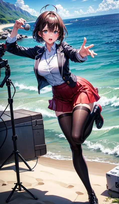 a female journalist on a remote island with a very surprised expression, holding a reporters microphone, wearing reporters outfit, visible scenery, full body, vivid expressions, anime model, upright positions.