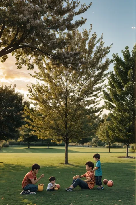 At the park, they found a peach tree and played catch under the evening sky. Mark asked about Harry Potter stories and they laughed about their playful cat, Coco.