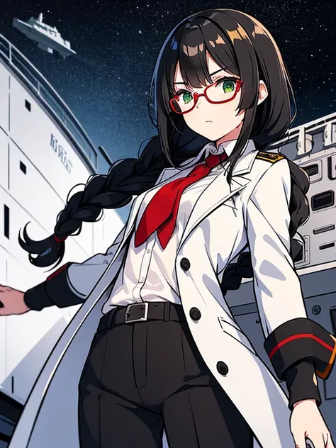 High resolution,woman,Small size,Black Hair,Double Braid Hairstyle,Bang bang,Green Eyes,Red glasses,In formal attire,uniform,White coat,Dark look,warship,ship aircraft carrier, Futuristic, sf, warplane, space, war