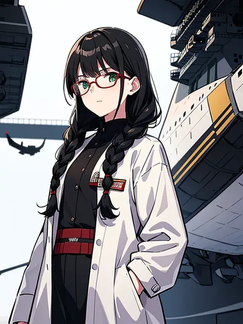 High resolution,woman,Small size,Black Hair,Double Braid Hairstyle,Bang bang,Green Eyes,Red glasses,In formal attire,uniform,White coat,Dark look,warship,ship aircraft carrier, Futuristic, sf, warplane, space, war