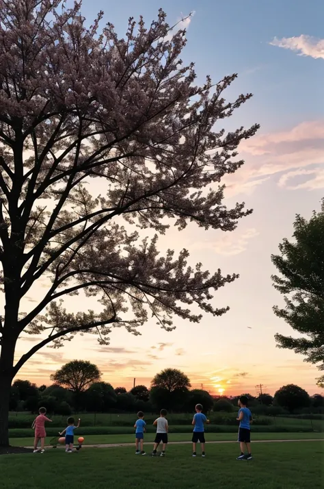 At the park, they found a peach tree and played catch under the evening sky.