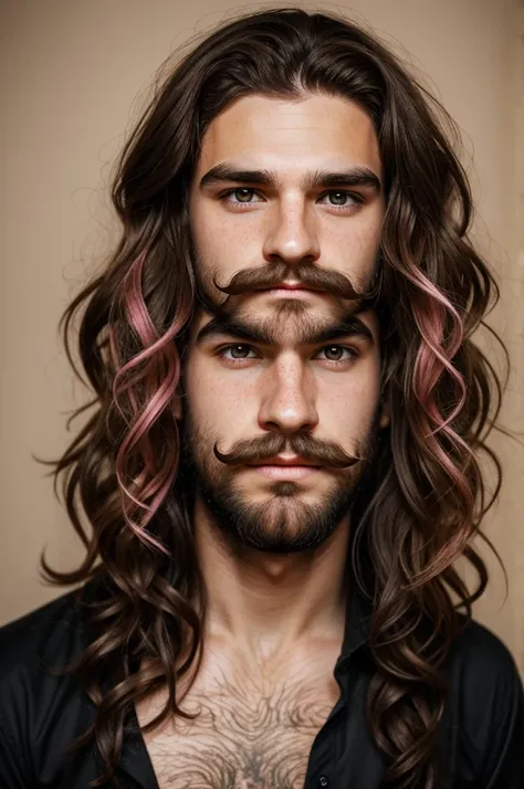 Man with big brown eyes, medium long wavy brown hair, with freckles on the cheeks, with a little pink cheeks, with little beard and little mustache, White, Skinny, with gothic style