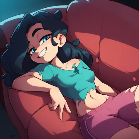 Toonify_PonyDiffusionXL, curvy blue eyed girl with long wavy black hair and small breasts, lewd, (extreme_nsfw), torn clothes, on sofa, nudity, smug