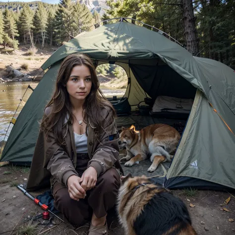 Camping en plein air, 1fille, bare, Longhaire, brown-hair, manches longues, holding, fingerless gloves, session, jacket, outdoors jacket, cloak, animal, A dog, Tent, campfire, on the edge of the river, mountain, blue sky, jour, realistic,