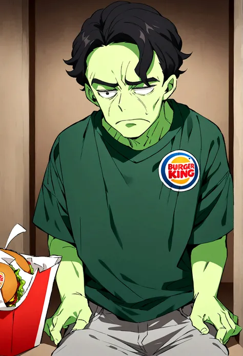 Burger King and man Green skin, black hair, worried expression. Clothing: Dark green t-shirt with a red X, gray pants. Occupation: Former television actor, now villain