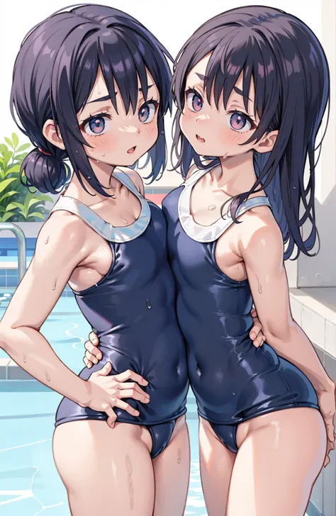 Two women in swimsuits standing in pool、One has his hands on his hips, Swimsuit, wearing a swimming wear, Twin-tailed, Wet swimsuit, pixiv, wearing leotard, In pixiv, swim wears, popular on pixiv, pixiv 3dcg, Leotard, nagatoro, next to a pool, Anime Girls,...