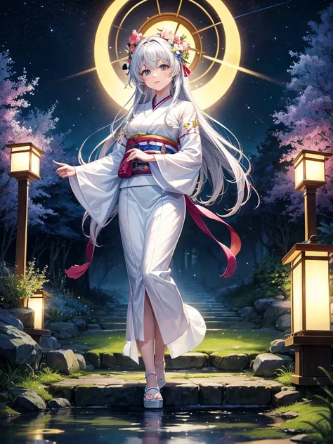 Highest quality,Highest Resolution,A beautiful girl in a white kimono standing next to a well,front,whole body,Night Sky,forest,