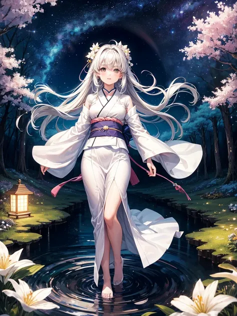 Highest quality,Highest Resolution,A beautiful girl in a white kimono standing next to a well,front,whole body,Night Sky,forest,