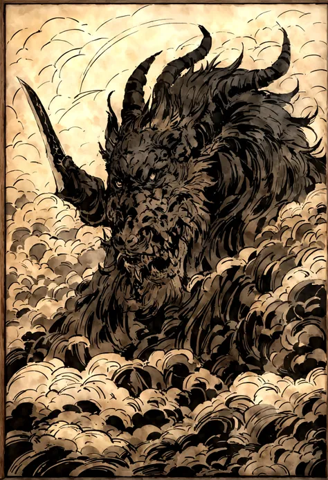 （Samurai），（Wearing a devil mask），alone，Like the whole body，（Equipped with a long, sharp knife），magnificent work of art，（（Kyoto woodblock painting style）），Wind effects：1.9，Cloud Effect：1.2，Full Rendering，Encaustic painting