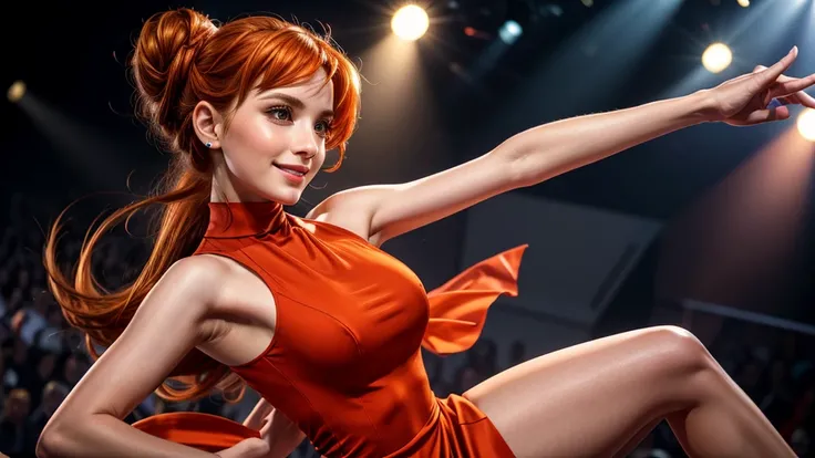 masterpiece, best quality, extremely detailed, hyperrealistic:1.1, photorealistic, a pretty 20s french model, ultra detailed face:1.2, pale skin, orange hair, red mock neck sleeveless dress:1.1, half updo, dancing on live stage:1.1, stage lighting, artisti...