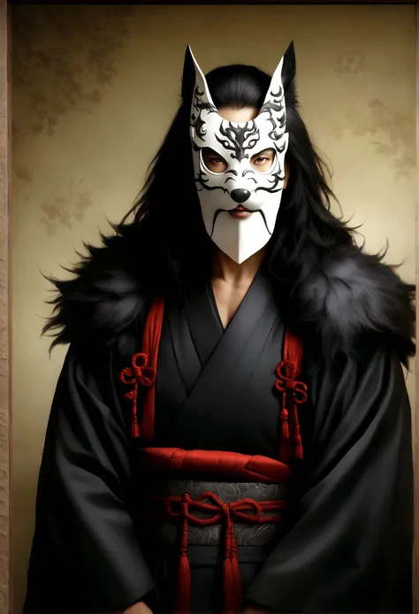 Samurai Man, In research, Wearing the mask of a demon wolf, Traditional Dress, Warrior, In long black, Realistic image