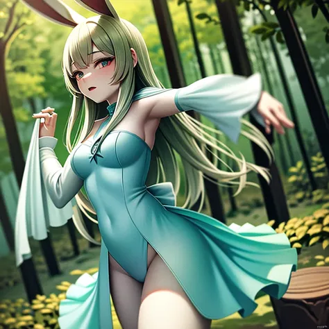 ​masterpiece: Teen Alice, in the middle of the forest wearing a white mayo, Delicate and graceful, dancing, swirling around, in the moonlight, lovely gaze, with bunny ears, best qualityer, 8K, anime styling
