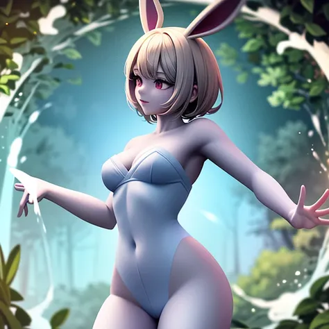 ​masterpiece: Teen Alice, in the middle of the forest wearing a white mayo, Delicate and graceful, dancing, swirling around, in the moonlight, lovely gaze, with bunny ears, best qualityer, 8K, anime styling
