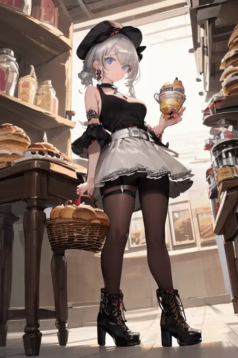 (perky chest:1.2), (pointed chest:1.2),(icecream magazine cover:1.3),(from below:1.2),(shoot from the side:1.1),(((Black Tunic:1.3))),(((cakes and bread in the basket),a 23yo Cute and beautiful girl,masterpiece、highest quality、Very detailed、Beautiful fine ...