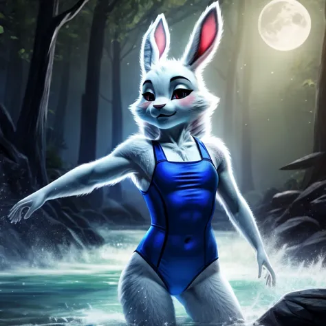 ​masterpiece: Teen Alice, in the middle of the forest wearing a white bathing suit, Delicate and graceful, dancing, swirling around, in the moonlight, lovely gaze, with bunny ears, best qualityer, 8K, anime styling
