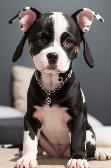 Create a picture of a female puppy, result of crossing a pitbull and a dalmatian. The puppy must have black fur with white dots., be smiling, happy, sitting and looking at the screen.