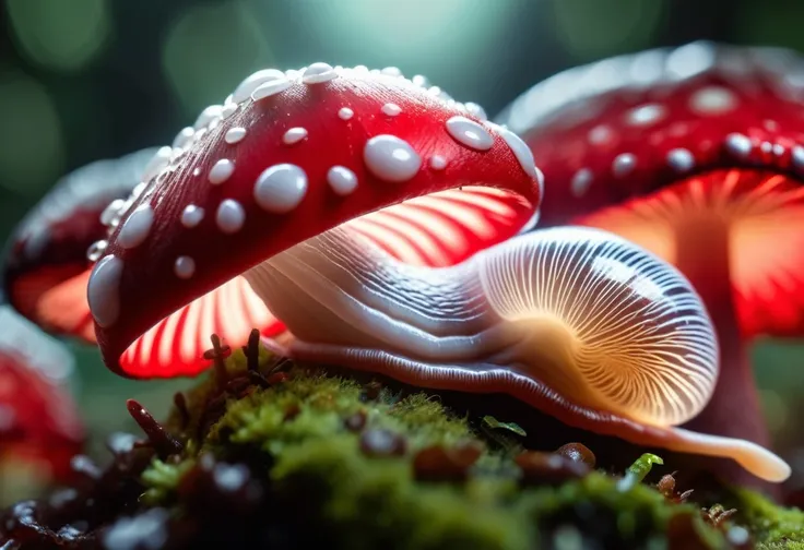 slimy translucent (slug crawling on top) of red and white mushroom, cinematic lighting, insane details, hyperrealistic extreme c...