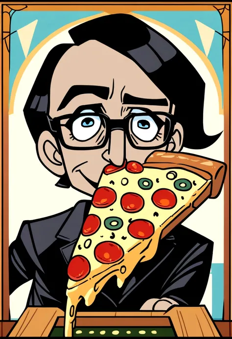 Create a caricature of a rebellious pizza slice with black glasses, black jacket. 70s rock style with Steamboat Willie theme