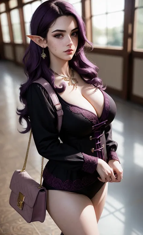 (masterpiece), (extremely intricate:1.3), (realistic), portrait of a girl, huge and perfect breasts, heaving bosom, the most beautiful in the world, dark eyebrows, bright purple hair, short very shaggy and messy hair, big round ass, almond eyes, embarrasse...