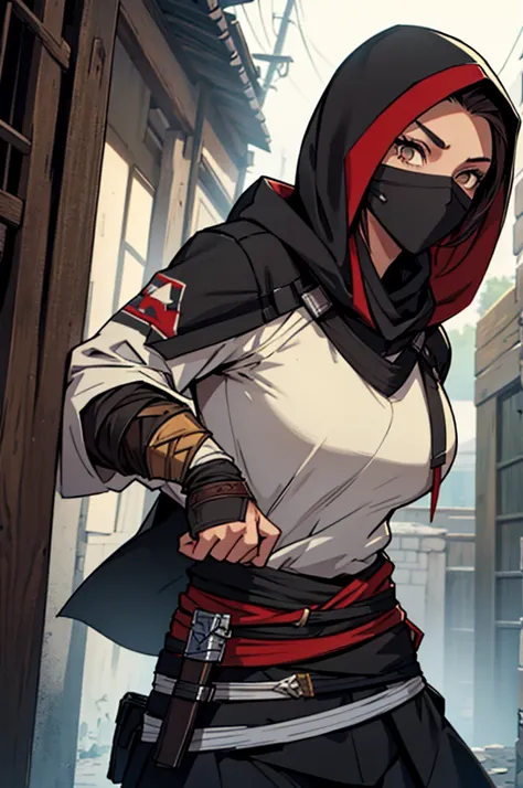 1 female, medium length brown hair with widows peak, hazel eyes, wearing all black, assassins creed shinobi with hood up, tanto