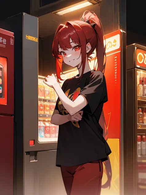 girl with、20yr old、red hair、Glowing red and gold eyes、side poneyTail、Cheerful smile、Black Turtle T-Shirt、dark red jacket、Stand in front of a vending machine