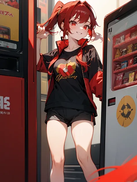 girl with、20yr old、red hair、Glowing red and gold eyes、side poneyTail、Cheerful smile、Black Turtle T-Shirt、dark red jacket、Stand in front of a vending machine