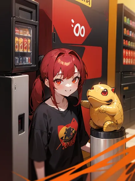 girl with、20yr old、red hair、Glowing red and gold eyes、side poneyTail、Cheerful smile、Black Turtle T-Shirt、dark red jacket、Stand in front of a vending machine