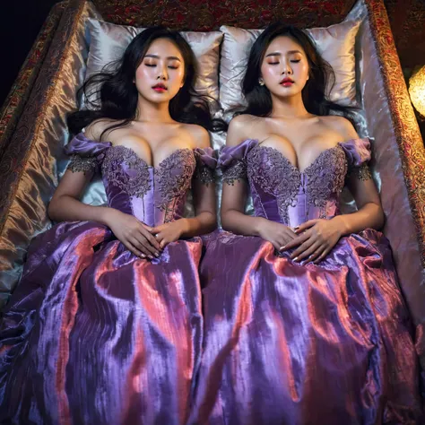 In a striking 8K HDR scene, a stunning Korean woman, 22 years old, lies peacefully in a black coffin surrounded by plush pillows. The deep box is set against a rich black background, accentuating the beauty of the subject. Her exquisite kebaya attire is em...