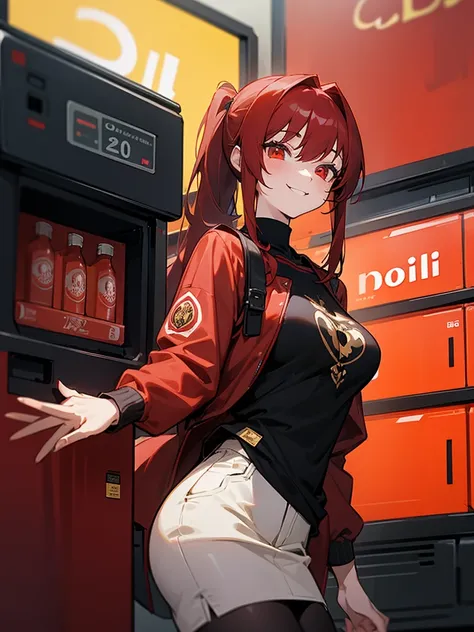 girl with、20yr old、red hair、long hair, Glowing red and gold eyes、big breast, side poneyTail、Cheerful smile、Black Turtle T-Shirt、dark red jacket、Stand in front of a vending machine