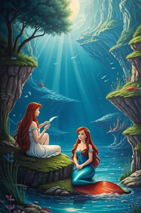 Illustration for the fairy tale The Little Mermaid, who sits and is sad 