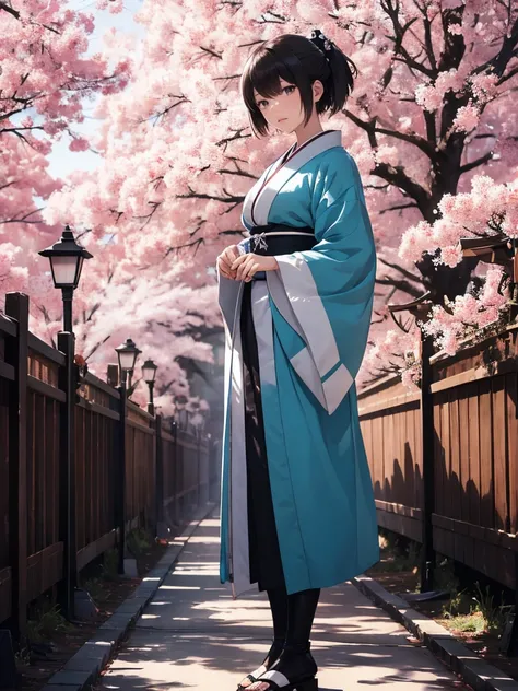 {Extremely detailed 8K wallpaper}, {Masterpiece}, {Best Quality}，Alone，full body shot，Okita Souji，short hair, kimono，celestial haori. cherry tree