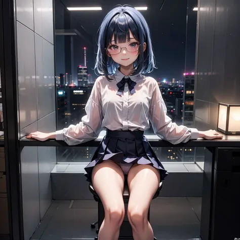 One woman（10 years old）、smile、Long, blue hair、Thin glasses、White clothes、See-through shirt、ribbon、Short pleated skirt、Pink underwear、loose socks、Inside a skyscraper office at night、Spread your legs、Thin and lean legs