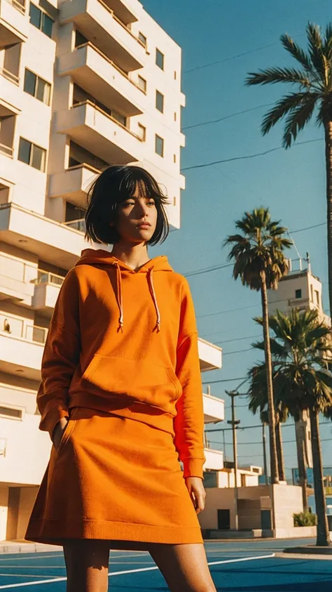 analog film photo cinematic photograph long shot portraits by Wes Anderson, cute 23 yo girl ,fokus, bokeh ,wear ((orange color oversized_hoodie)), wear ((purple tennis skirt)),looking front,Best Quality,Masterpiece,Ultra High Resolution,(Realisticity:1.4),...