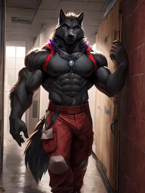 embedding:black wolf, male,purple eyes,Scar on the face, scar on the body,Single person,deliveryman，Standing outside the door,In the corridors of modern buildings,Robust,Contempt,With the express box in his hand,The highest quality of scene detail,adult,Ta...