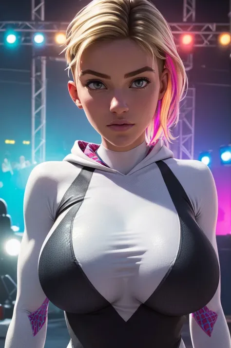 (ultra realistic,32k, masterpiece:1.2),(high detailed skin:1.1),( 8k uhd, dslr, high quality:1.1),
 Gwen, undercut, blonde, multicolored hair, bodysuit, web-print, hood down, , (huge breast:1.1), 
(looking at viewer, Bend forward:1.1),
,(glow in the dark:1...